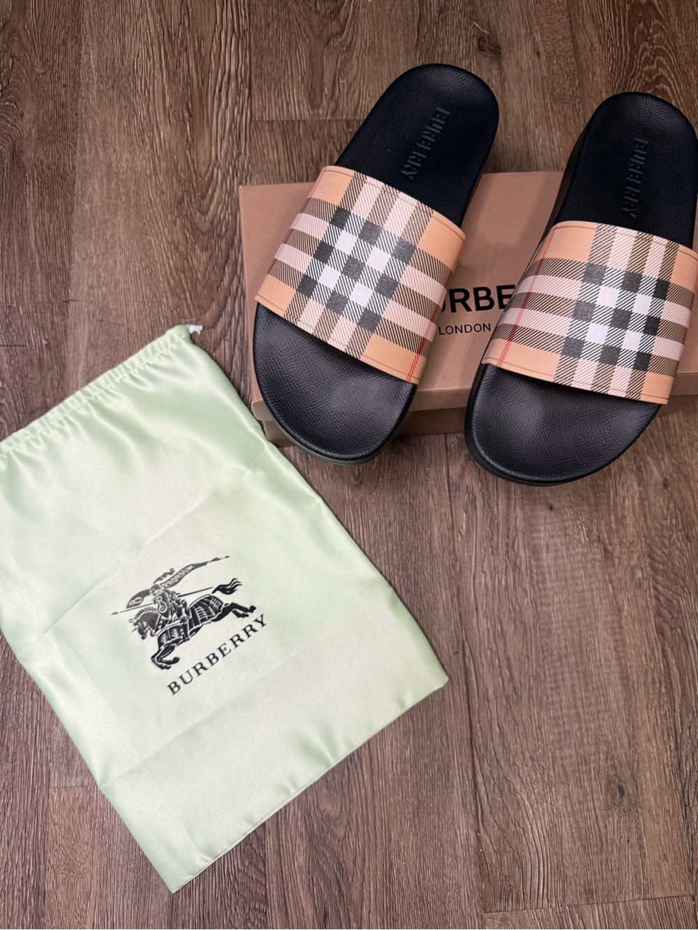 Burberry Black Footbed Peach Check Slide Sandals